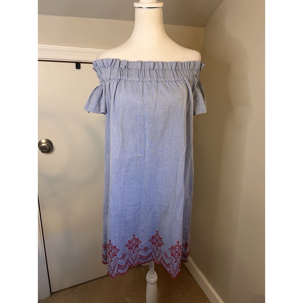 Vineyard Vines Dress Off Shoulder Red Embroidered Oxford Preppy Small Cotton - Picture 3 of 10